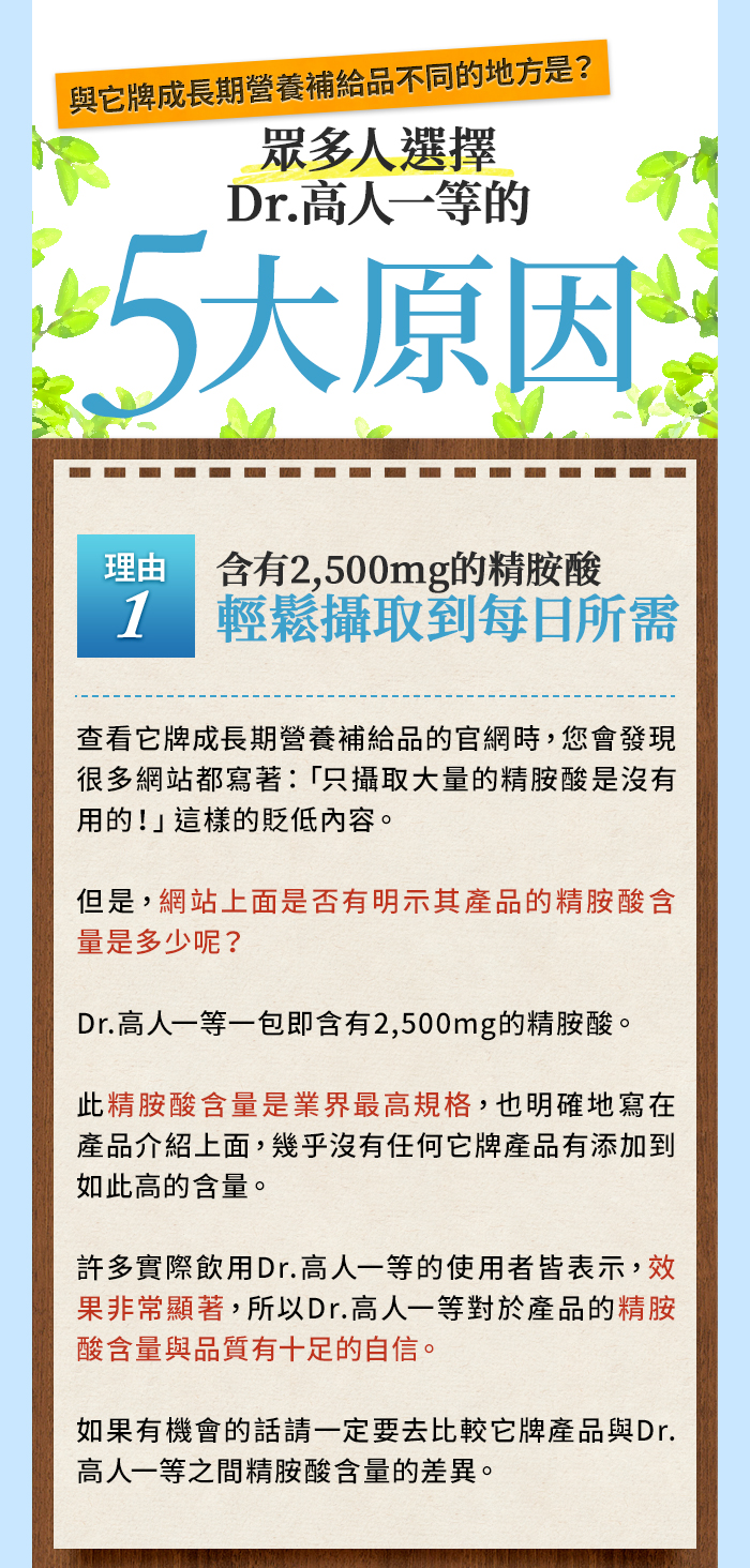 眾多人選擇Dr.高人一等的5大原因：①輕鬆攝取每日所需的精胺酸