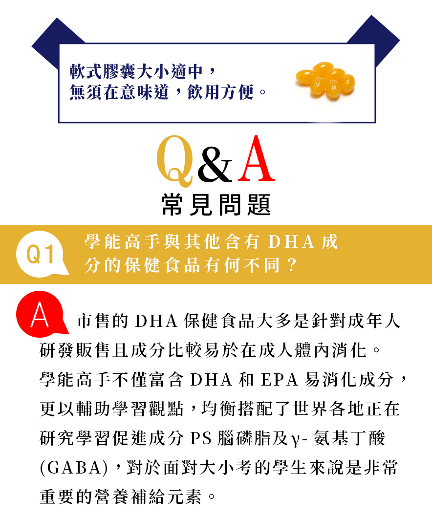 軟式膠囊大小適中,無須在意味道,飲用方便。Q1學能高手與其他含有DHA成分的保健食品有何不同?
A 市售的DHA保健食品大多針對年人研發販售且成分比較易於在成人體內消化。學能高手不僅富含DHA和EPA消成分,更以輔助學習觀點,均衡搭配了世界各地正在研究學習促進成分PS腦磷脂氨基丁酸(GABA),對於面對大小考的學生來說是非常重要的營養補給元素。